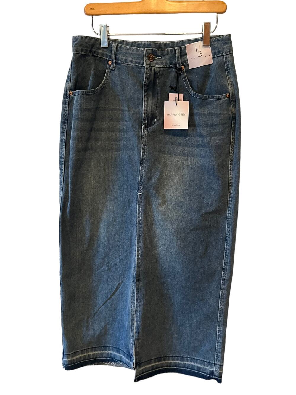 Happily Grey Long Denim Midi Skirt Medium Wash 27